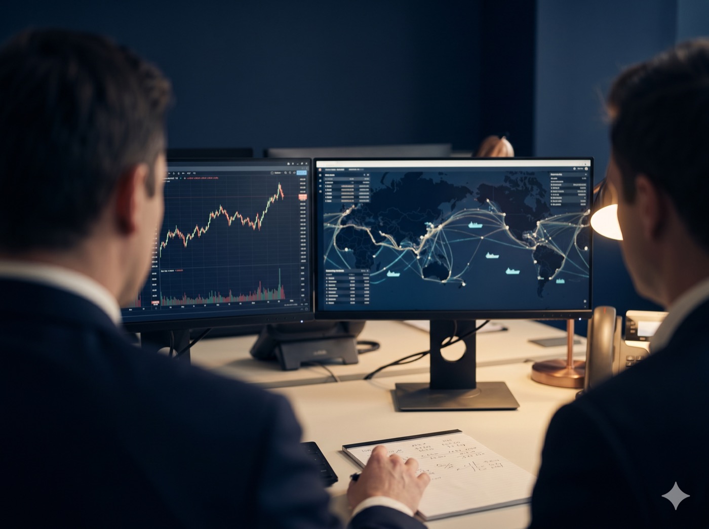 Commodities trading desk — market charts and a global shipping-route map on dual screens