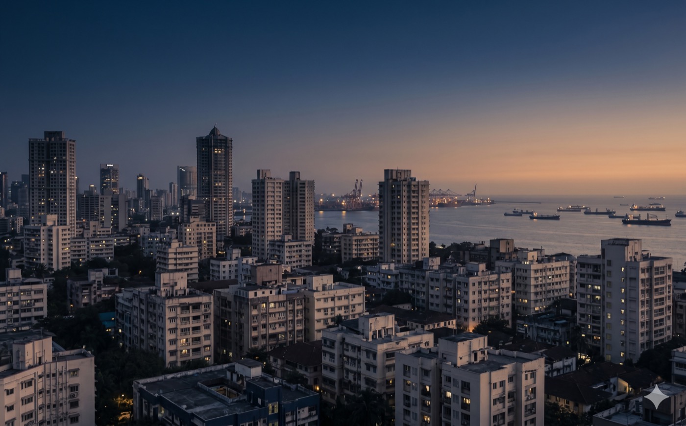 Mumbai at dusk — the city skyline with port cranes and cargo ships on the Arabian Sea horizon