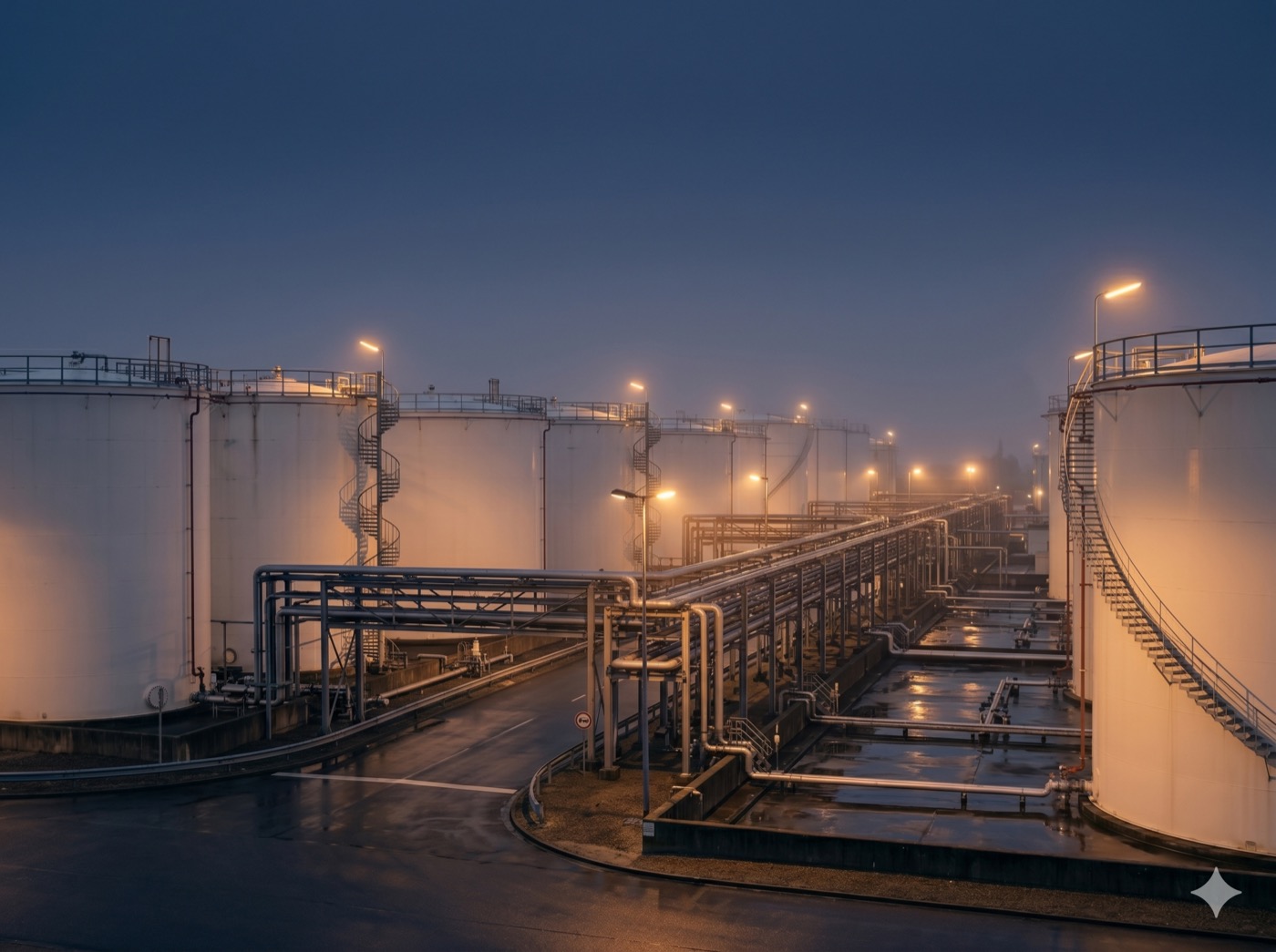 Fuel storage terminal at dusk — rows of white storage tanks, pipe racks and loading infrastructure